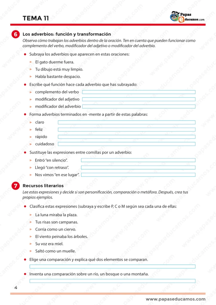 ejercicios_lengua_tema_11_5_primaria_04 Página 4 del Tema 11 Lengua 5º Primaria: función y transformación de adverbios (-mente y sustituciones) y recursos literarios (personificación, comparación y metáfora).