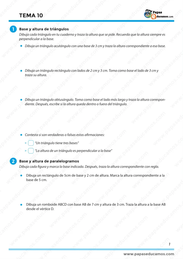 ejercicios_mates_tema_10_5_primaria_01 Página 1 con ejercicios para dibujar triángulos (acutángulo, rectángulo y obtusángulo) y trazar alturas, además de base y altura en paralelogramos.