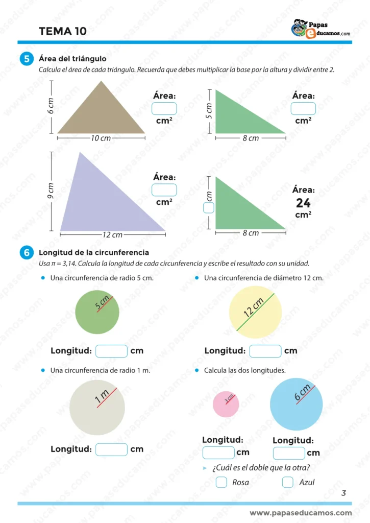 ejercicios_mates_tema_10_5_primaria_03 Página 3 con ejercicios de área del triángulo (base × altura ÷ 2) y longitud de circunferencias usando π = 3,14 (radio y diámetro).