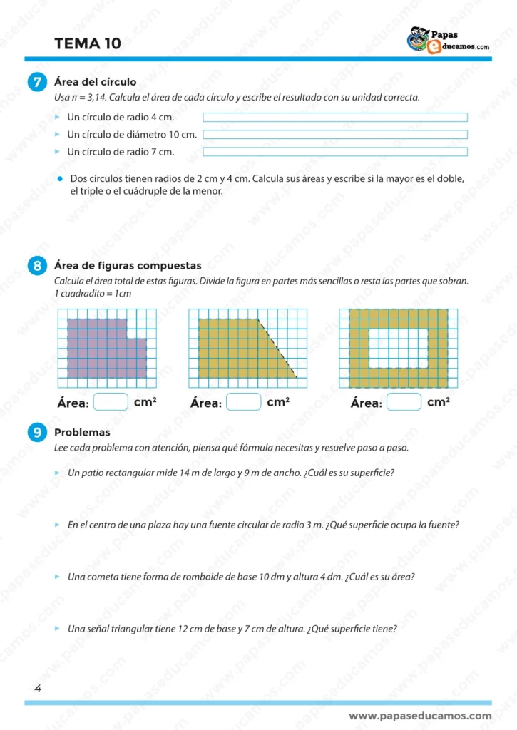 ejercicios_mates_tema_10_5_primaria_04 Página 4 con área del círculo (π = 3,14), cálculo de áreas en figuras compuestas sobre cuadrícula y problemas finales de superficie en situaciones reales.