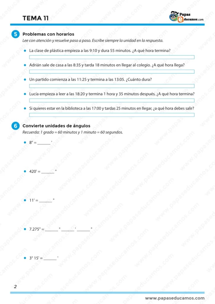 ejercicios_mates_tema_11_5_primaria_02 Tema 11 Matemáticas 5º Primaria: problemas con horarios y conversión de unidades de ángulos (grados, minutos y segundos).