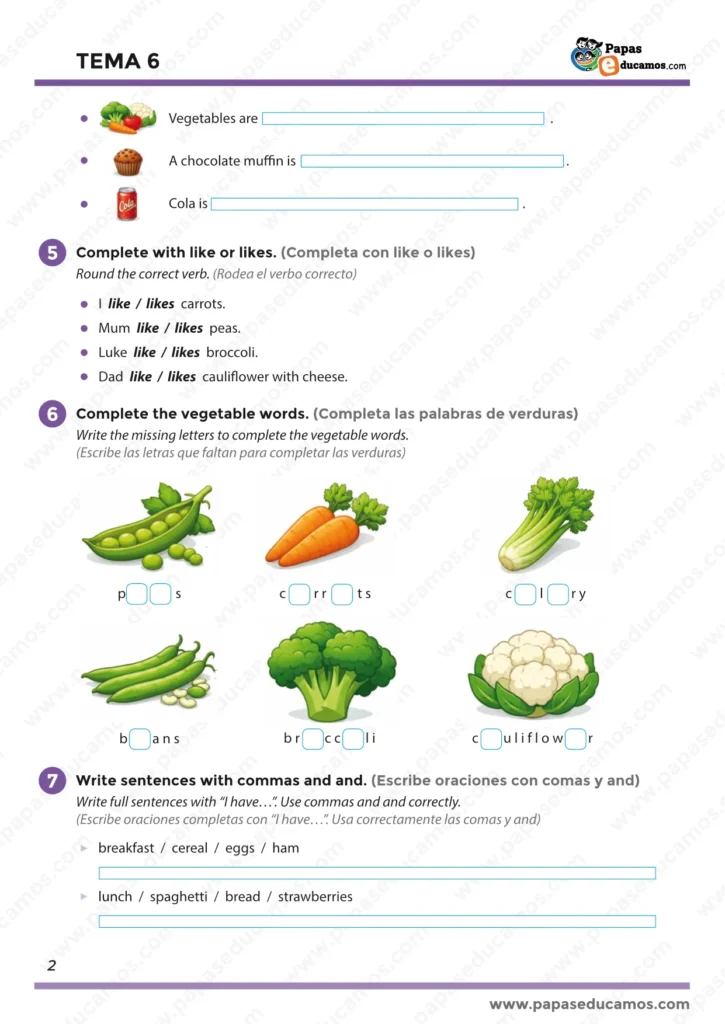 ejercicios_tema_06_ingles_3_primaria_02 Tema 6 Inglés 3º Primaria: good or bad for you, like/likes, vocabulario de verduras y frases con comas y “and”.