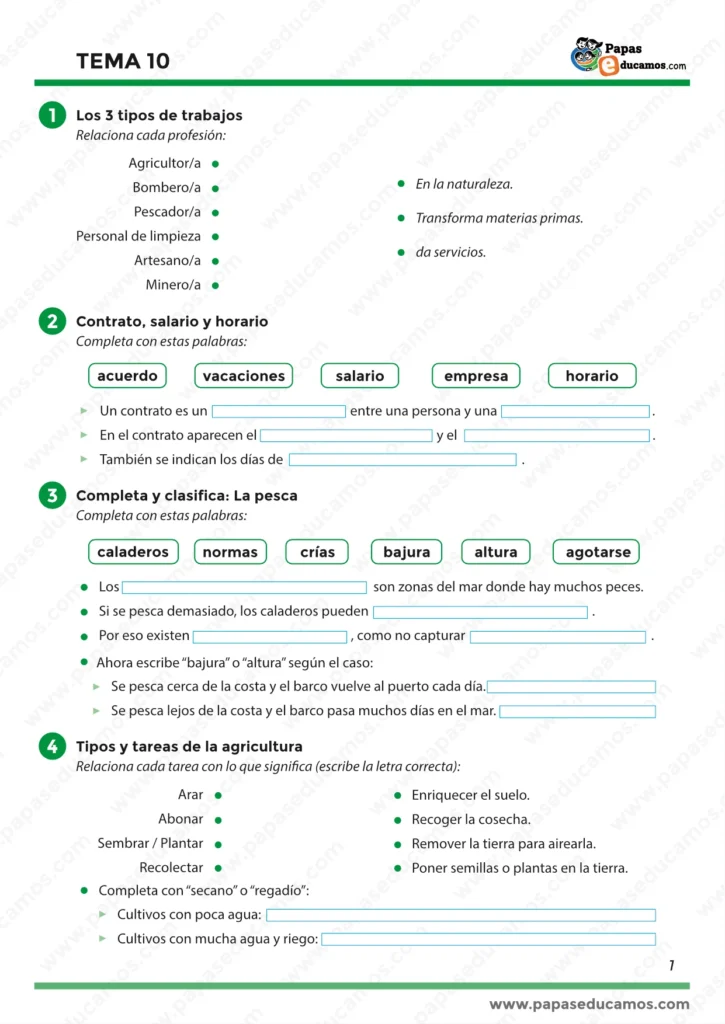 Página 1 con ejercicios sobre profesiones y tres tipos de trabajo, vocabulario de contrato (salario, horario, vacaciones), pesca (caladeros y normas) y tareas agrícolas con secano/regadío.