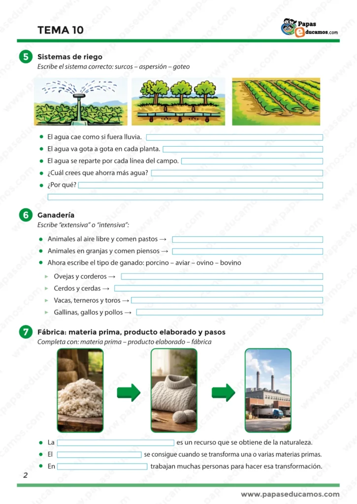 Página 2 con identificación de riego por surcos, aspersión y goteo, ganadería extensiva/intensiva y tipos de ganado, y actividad sobre materia prima, producto elaborado y fábrica.