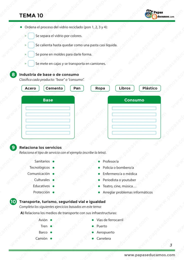 Página 3 con orden del proceso del vidrio reciclado, clasificación de productos en industria de base o de consumo y relación de tipos de servicios con ejemplos.