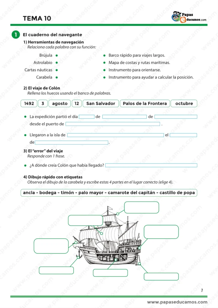 ejercicios_tema_10_cono_5_primaria_01 Actividades sobre brújula, astrolabio, cartas náuticas y carabela; completar datos del viaje de Colón (salida y llegada) y etiquetar partes del barco en un dibujo.