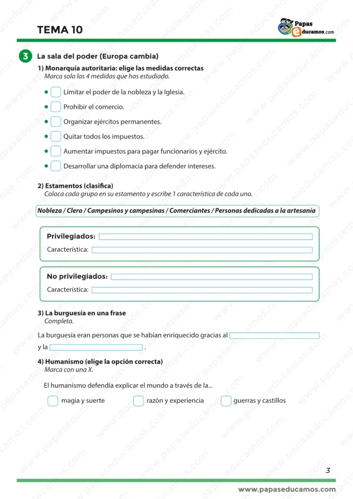 ejercicios_tema_10_cono_5_primaria_03 Actividades sobre medidas de la monarquía autoritaria, clasificación de estamentos (privilegiados/no privilegiados), frase sobre la burguesía y opción correcta sobre el humanismo.