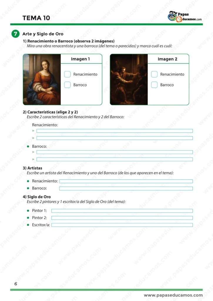 ejercicios_tema_10_cono_5_primaria_06 Identificar obras del Renacimiento y Barroco, escribir características y artistas, y completar nombres relacionados con el Siglo de Oro (pintores y escritor/a).