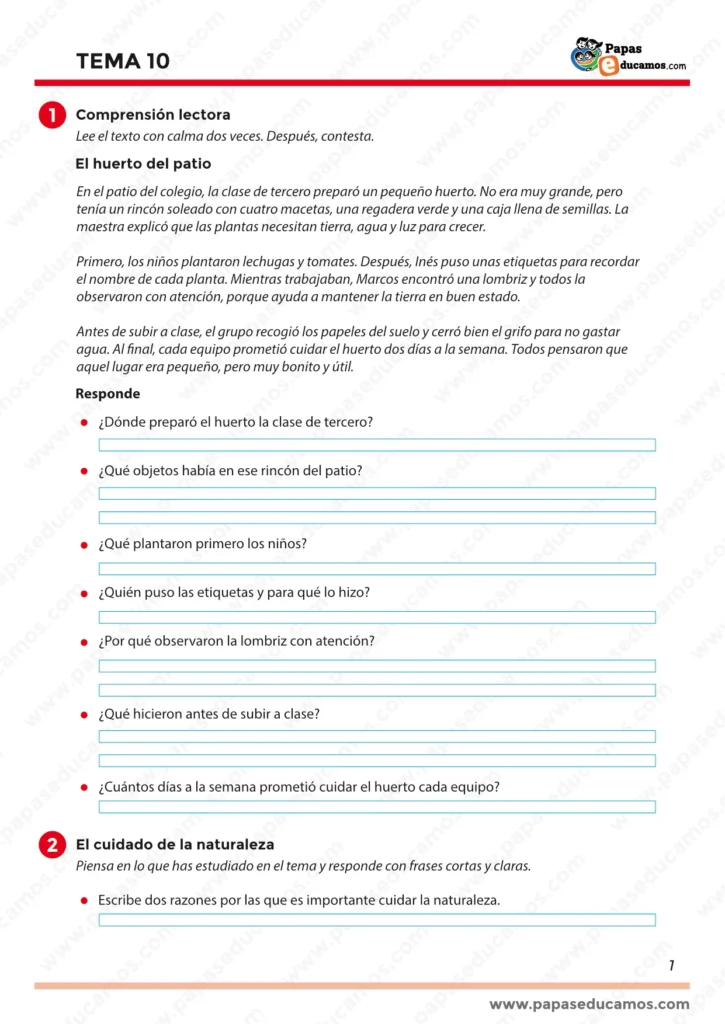 ejercicios_tema_10_lengua_3_primaria_01 Tema 10 Lengua 3º: comprensión lectora ‘El huerto del patio’ con preguntas y actividad sobre el cuidado de la naturaleza.