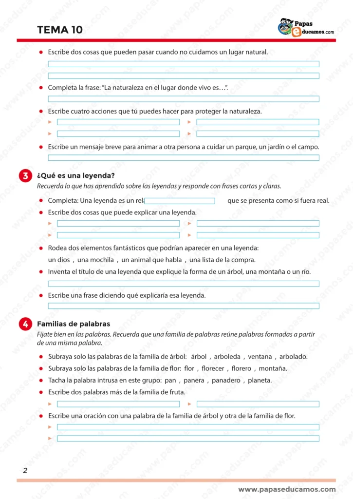 ejercicios_tema_10_lengua_3_primaria_02 Ejercicios Tema 10: cuidado de la naturaleza, qué es una leyenda (elementos fantásticos e inventar título) y familias de palabras.