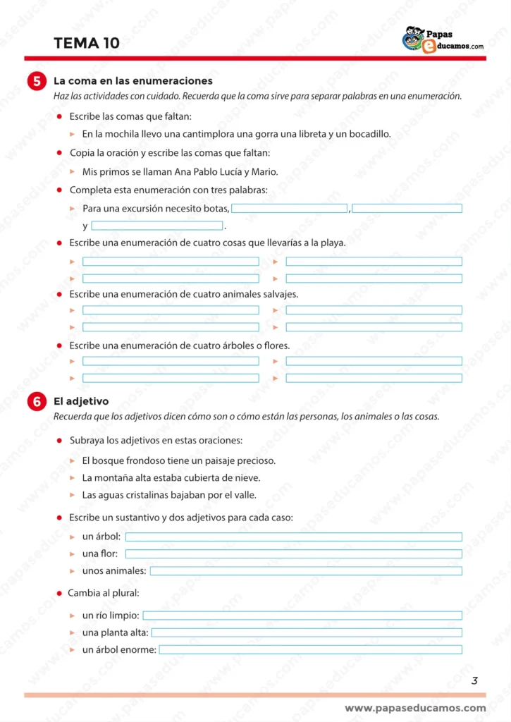 ejercicios_tema_10_lengua_3_primaria_03 Lengua 3º Tema 10: coma en enumeraciones (poner comas y crear listas) y actividades del adjetivo (subrayar y completar).