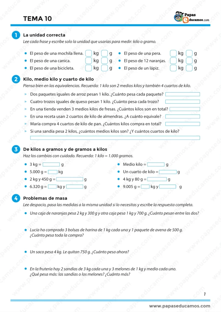 Tema 10 Matemáticas 3º Primaria, página 1: unidad correcta, equivalencias de kilo y conversiones kg-g con problemas de masa