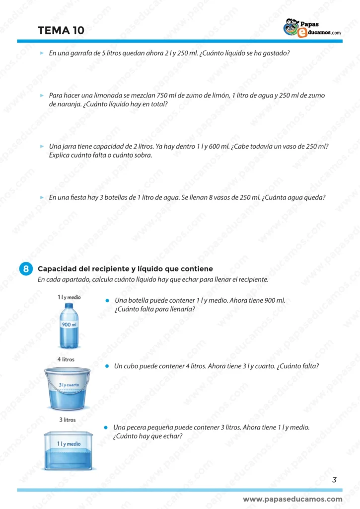 Página 3 con problemas de capacidad (garrafa, limonada, jarra, fiesta) y ejercicios para calcular cuánto líquido falta para completar botellas, cubos y peceras.