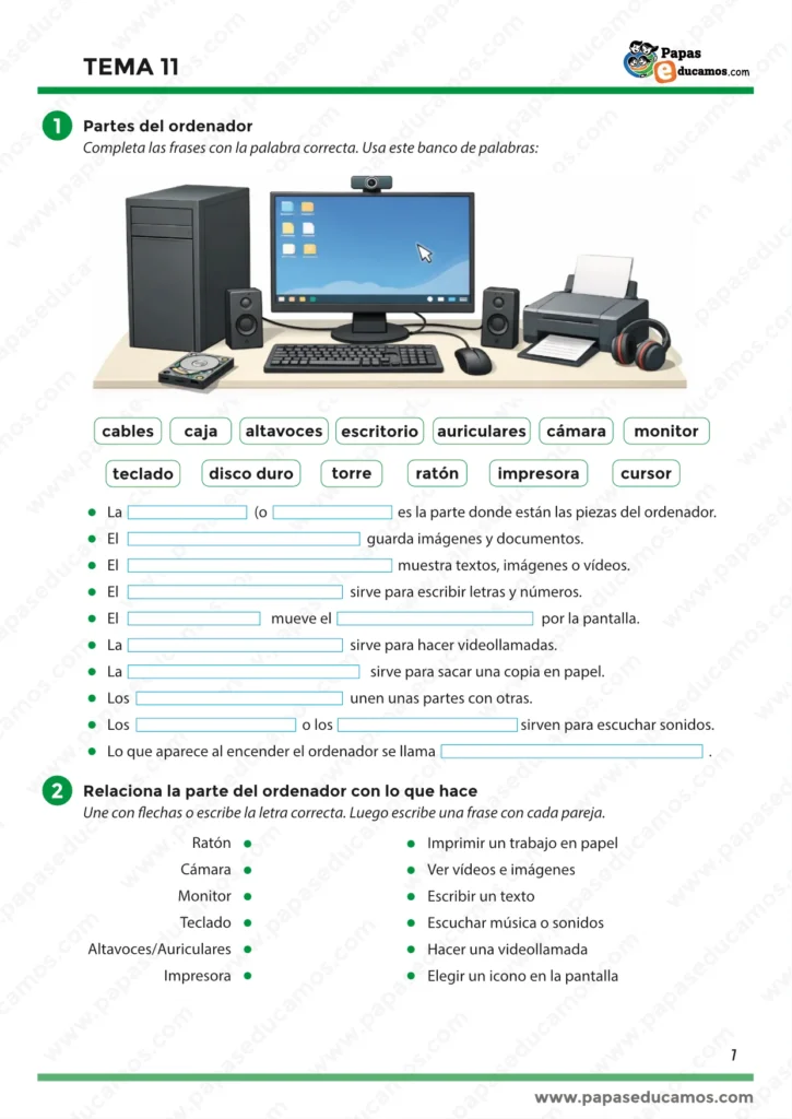 ema 11 Conocimiento del Medio 3º Primaria: partes del ordenador y relación de cada elemento con su función (monitor, teclado, ratón, impresora…).