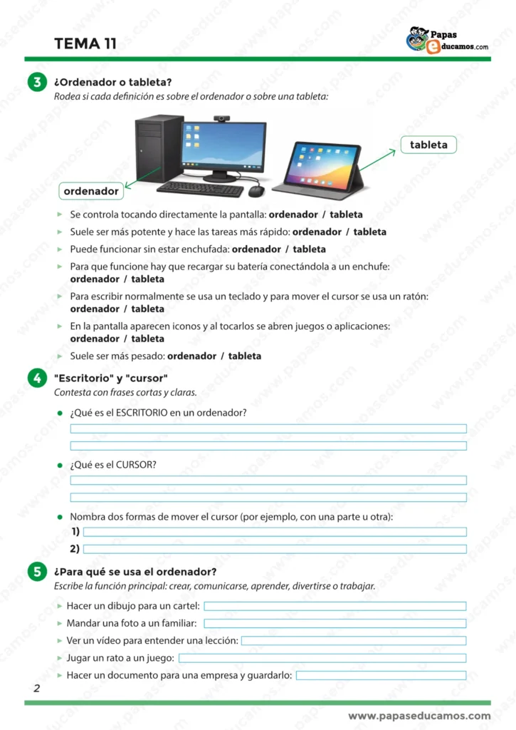 Tema 11 Conocimiento del Medio 3º Primaria: ordenador o tableta, escritorio y cursor, y usos del ordenador (crear, aprender, comunicarse…).