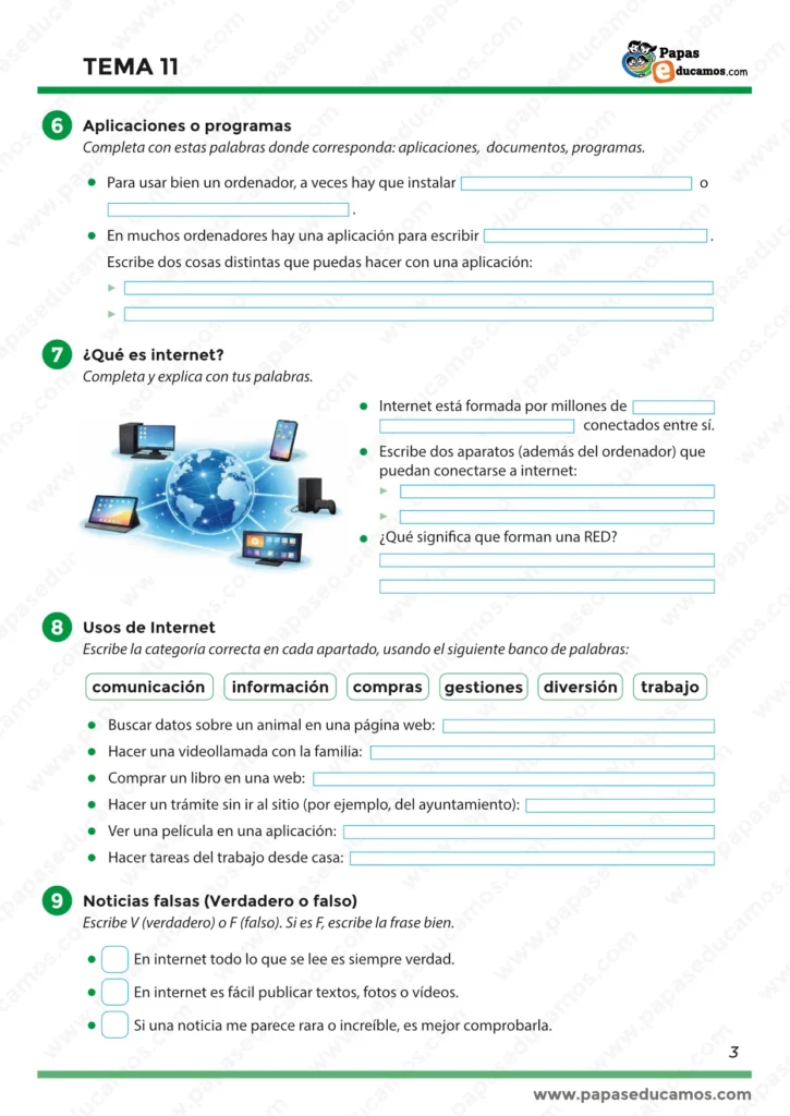Tema 11 Conocimiento del Medio 3º Primaria: aplicaciones y programas, qué es internet, usos de internet y noticias falsas (verdadero o falso).