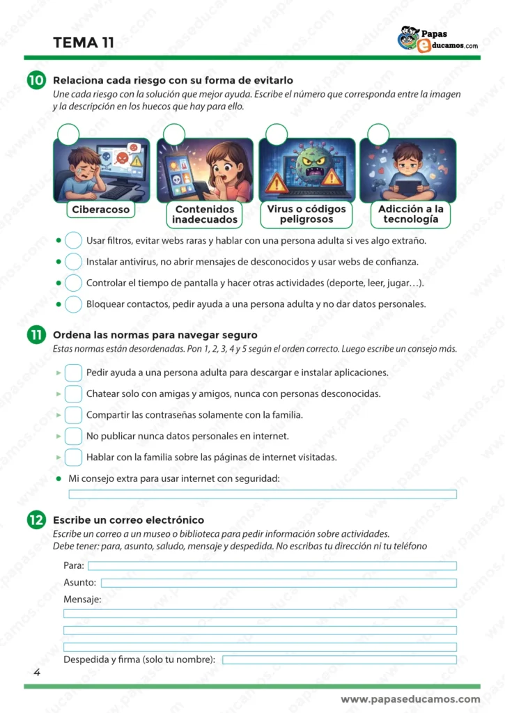 Tema 11 Conocimiento del Medio 3º Primaria: riesgos en internet (ciberacoso, virus, contenidos inadecuados, adicción), normas de seguridad y escribir un correo electrónico.