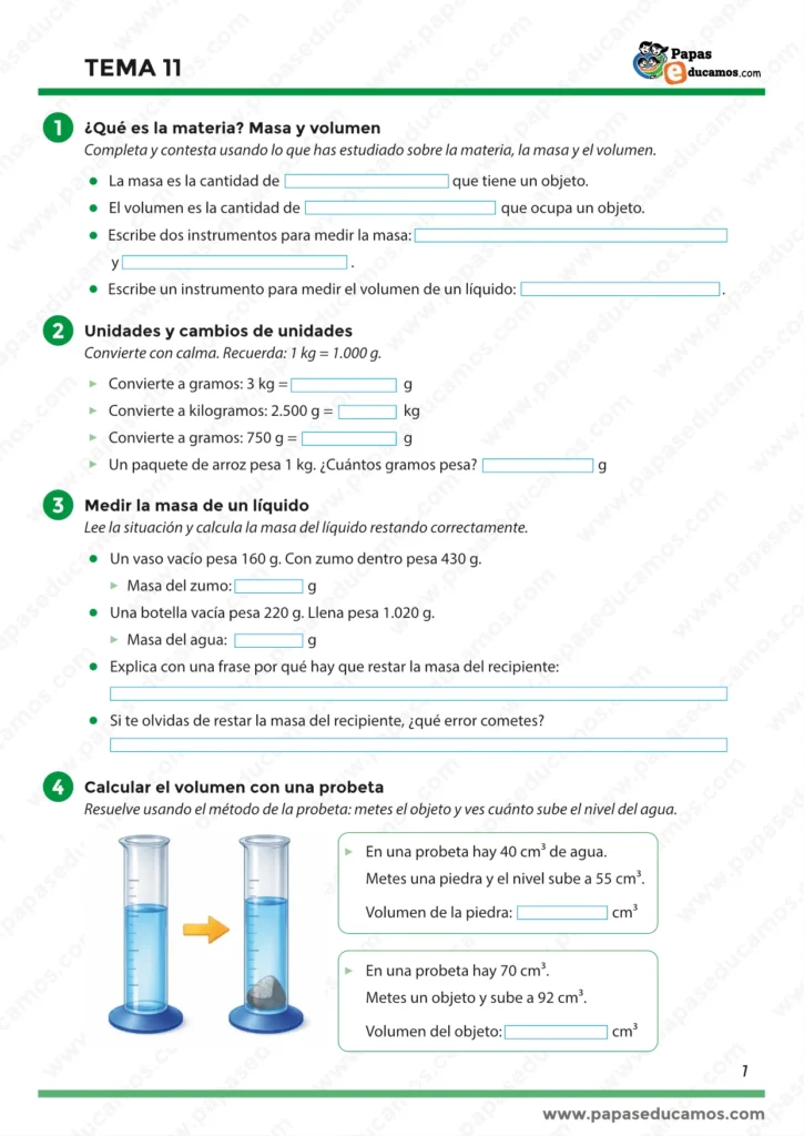 ejercicios_tema_11_cono_5_primaria_01 Tema 11 Conocimiento del Medio 5º Primaria: materia, masa y volumen, cambios de unidades kg a g, masa de líquidos y volumen con probeta.
