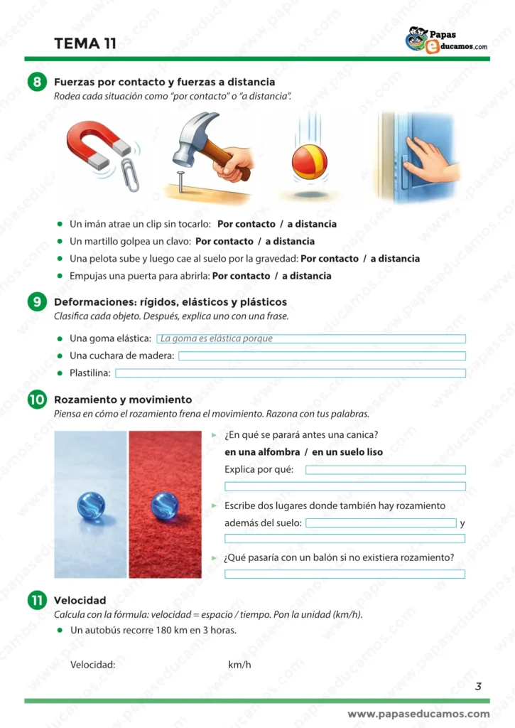 ejercicios_tema_11_cono_5_primaria_03 Tema 11 Conocimiento del Medio 5º Primaria: fuerzas por contacto y a distancia, deformaciones (rígidos, elásticos y plásticos), rozamiento y velocidad.