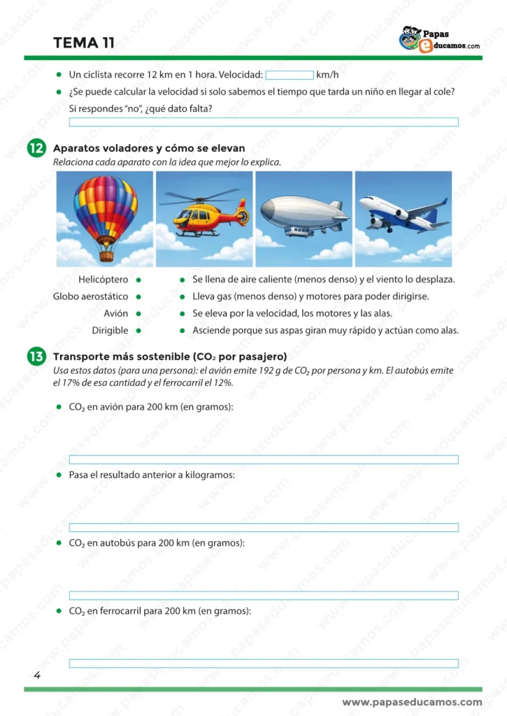 ejercicios_tema_11_cono_5_primaria_04 Tema 11 Conocimiento del Medio 5º Primaria: problemas de velocidad, aparatos voladores y cálculo de CO₂ por pasajero en transporte sostenible.