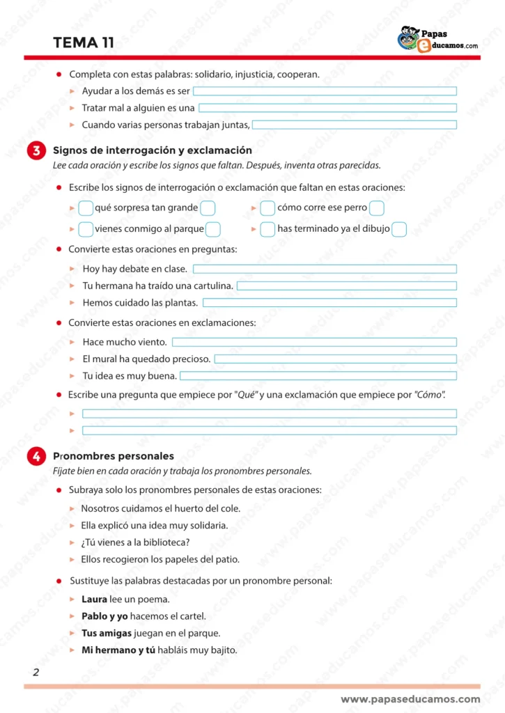 ejercicios_tema_11_lengua_3_primaria_02 “Página 2 del Tema 11: completar frases con ‘solidario’, ‘injusticia’ y ‘cooperan’, práctica de signos de interrogación y exclamación, e inicio de pronombres personales.”