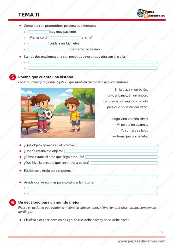 ejercicios_tema_11_lengua_3_primaria_03 “Página 3 del Tema 11: ejercicios para completar con pronombres personales y poema con ilustración de dos niños en la plaza y una pelota perdida.”