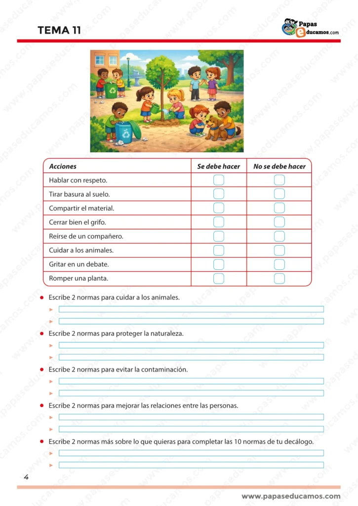 ejercicios_tema_11_lengua_3_primaria_04 “Página 4 del Tema 11: tabla para clasificar acciones (se debe/no se debe) y redacción de normas del decálogo para cuidar animales, naturaleza, evitar contaminación y mejorar relaciones.”