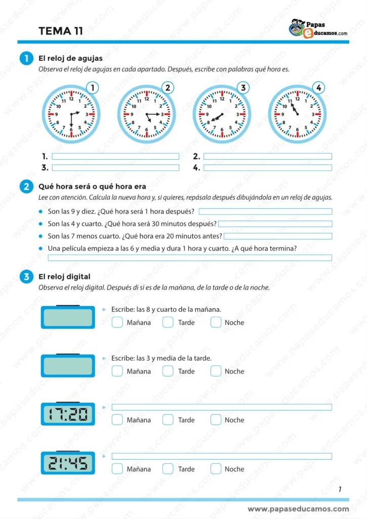 Tema 11 Matemáticas 3º Primaria: reloj de agujas, cálculo de horas antes y después y reloj digital (mañana/tarde/noche).