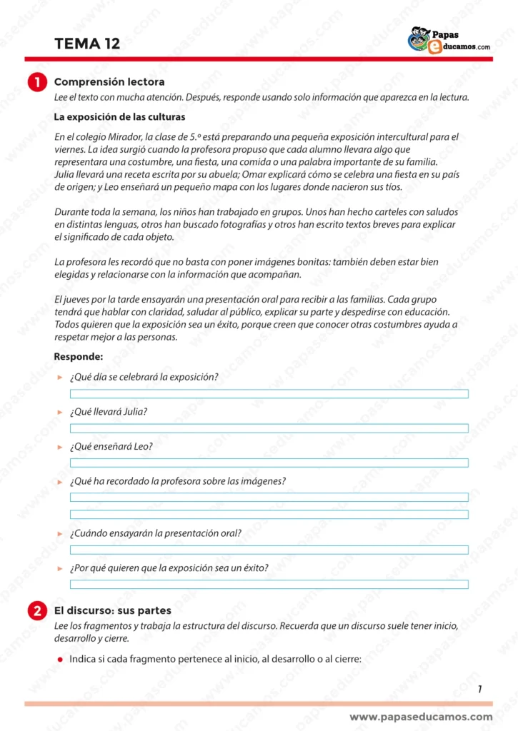 ejercicios_lengua_tema_12_5_primaria_01 Ficha Lengua 5º Primaria Tema 12: comprensión lectora “La exposición de las culturas” con preguntas de texto y comienzo de “El discurso: sus partes”.
