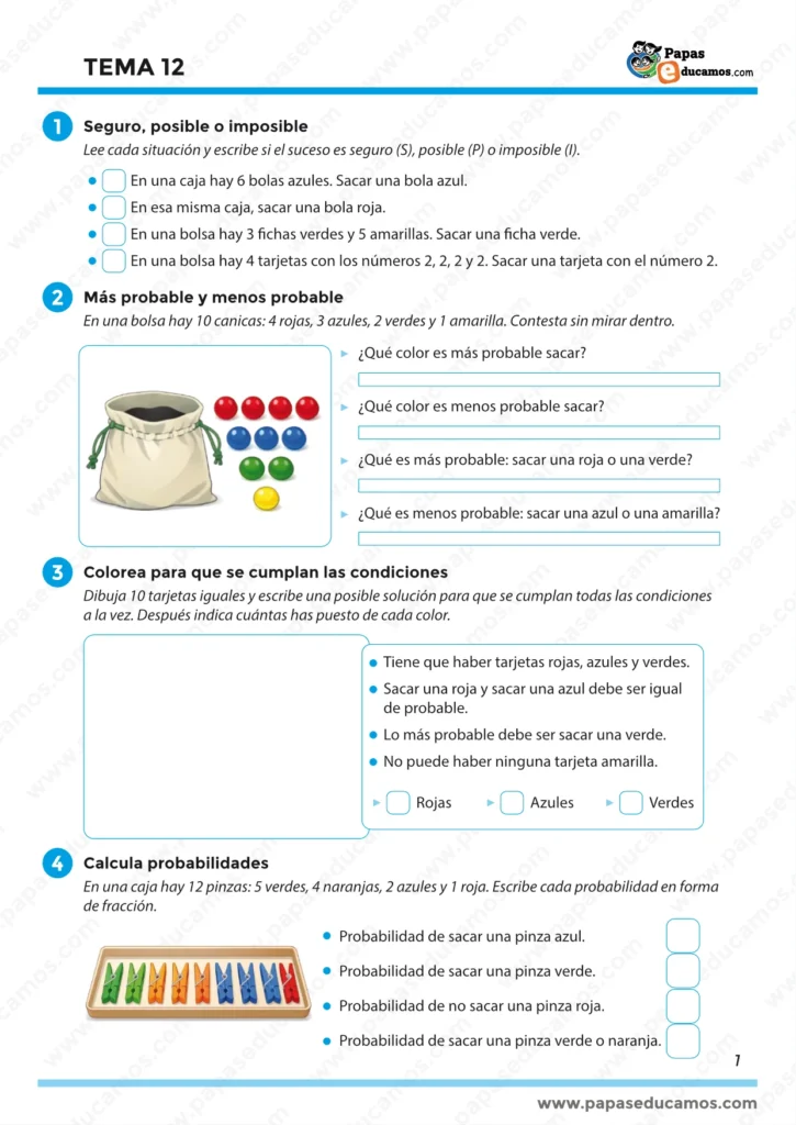 ejercicios_mates_tema_12_5_primaria_01 Tema 12 Matemáticas 5º Primaria: sucesos seguro/posible/imposible, más probable y menos probable con canicas, reto de tarjetas por condiciones y probabilidades en fracción con pinzas de colores.