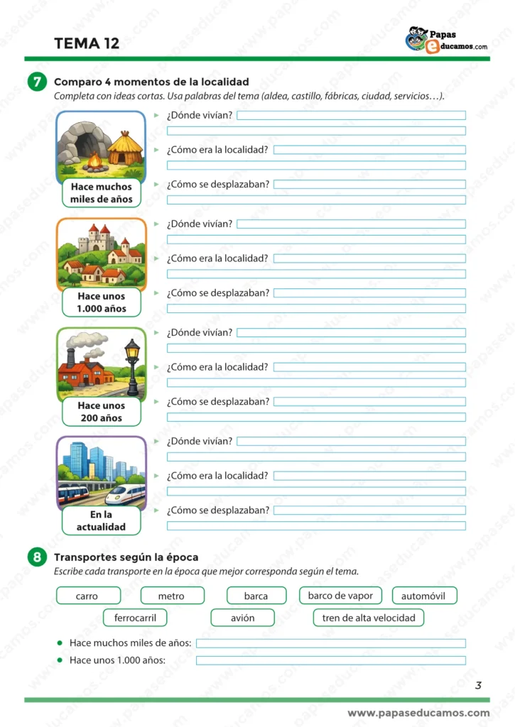 Tema 12 Conocimiento del Medio 3º Primaria: comparar la localidad en cuatro épocas (hace miles de años, hace 1.000, hace 200 y hoy) y clasificar transportes según la época.