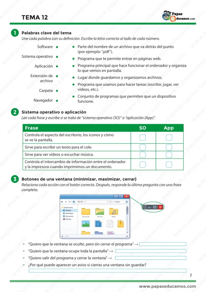 ejercicios_tema_12_cono_5_primaria_01 Tema 12 Conocimiento del Medio 5º Primaria: vocabulario digital (software, sistema operativo, aplicación, extensión, carpeta, navegador), distinguir SO y app, y botones de ventana (minimizar, maximizar, cerrar).