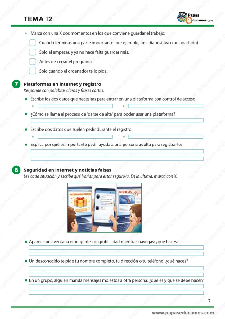 ejercicios_tema_12_cono_5_primaria_03 Tema 12 Conocimiento del Medio 5º Primaria: cuándo conviene guardar el trabajo, plataformas de internet y registro, y seguridad online ante publicidad, peticiones de datos y mensajes molestos.