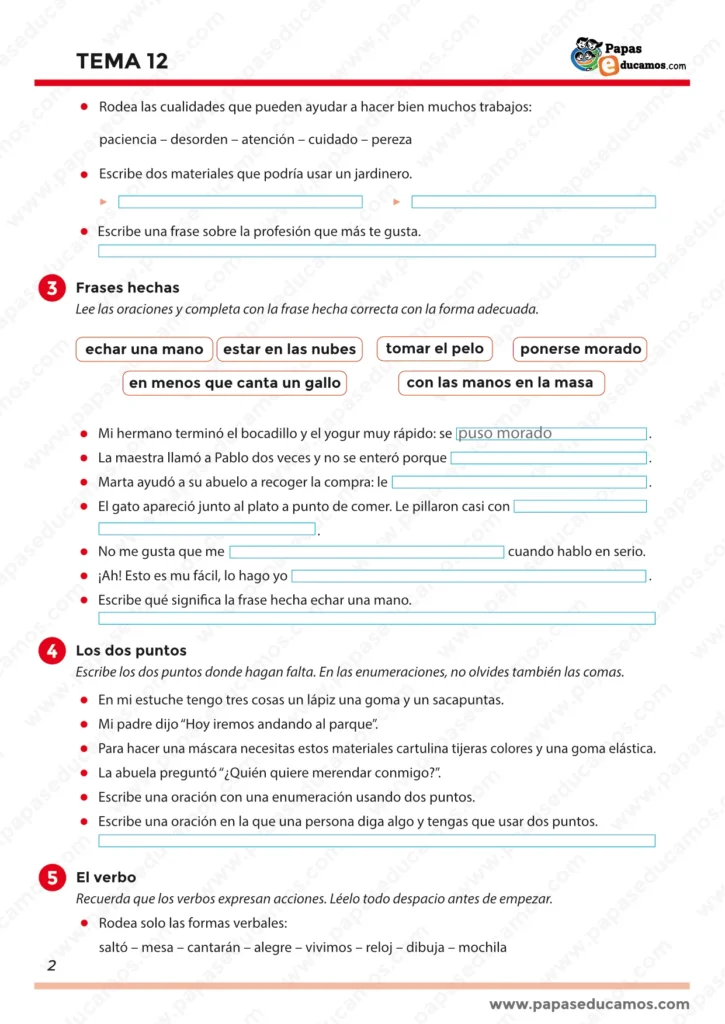 ejercicios_tema_12_lengua_3_primaria_02 Tema 12 Lengua 3º Primaria: cualidades para trabajar bien, materiales de jardinero, frases hechas para completar oraciones, ejercicio de dos puntos y comienzo del bloque del verbo.
