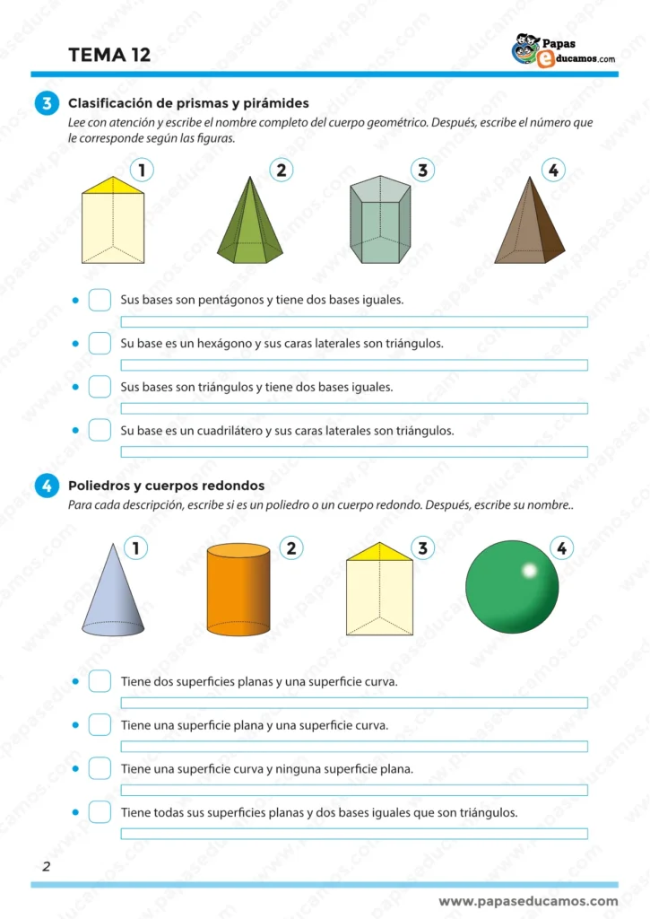Tema 12 Matemáticas 3º Primaria: clasificación de prismas y pirámides según la base y actividad para distinguir poliedros y cuerpos redondos (cono, cilindro, esfera).