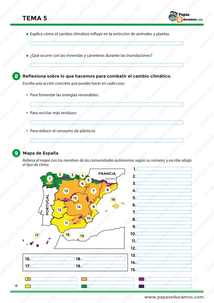 Ejercicios Tema 5-04 Cuarta hoja de ejercicios sobre las consecuencias e impacto del cambio climático, junto con posibles soluciones como energías renovables y reciclaje.