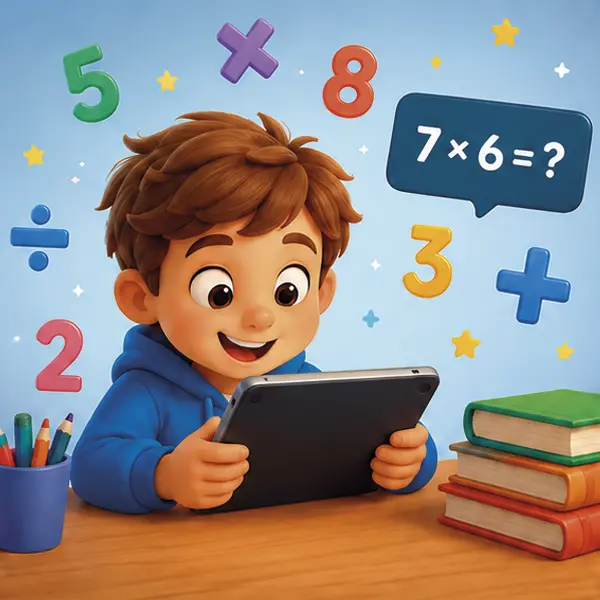 Niño resolviendo operaciones matemáticas en una tablet rodeado de números y símbolos educativos.