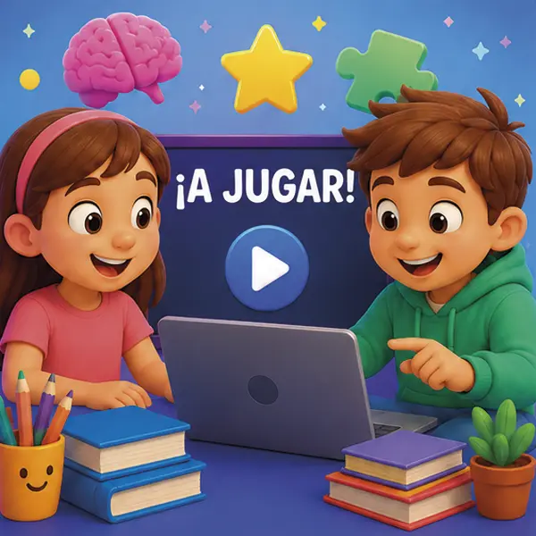 Dos niños jugando y aprendiendo juntos frente a un ordenador portátil.
