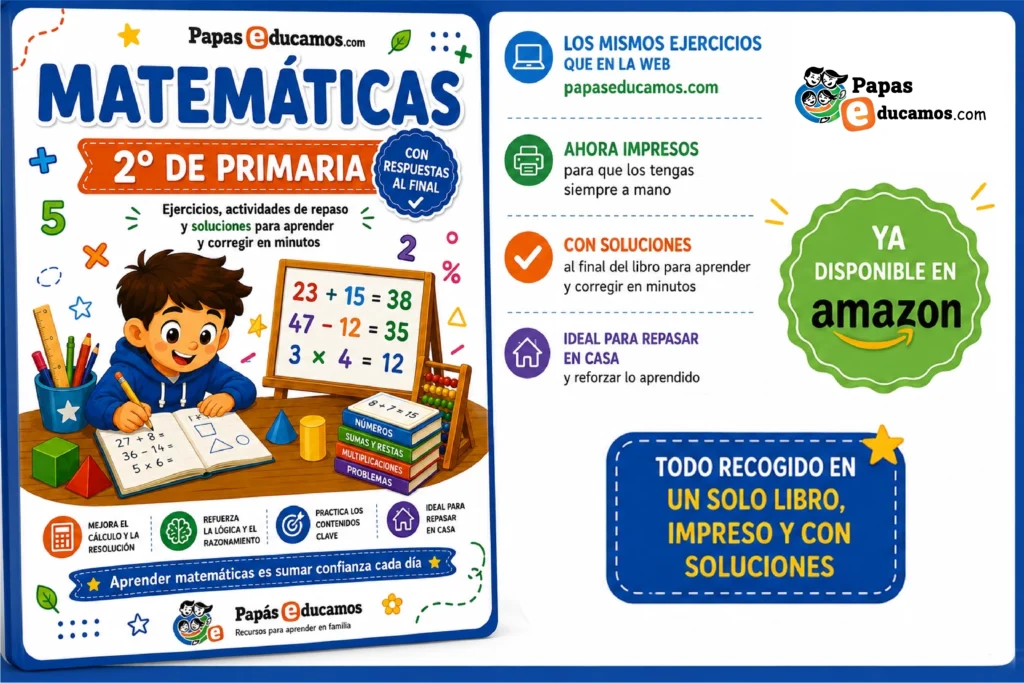 2ºmates img-01 Libro de Matemáticas de 2º de Primaria con ejercicios de repaso impresos y soluciones al final, disponible en Amazon. Incluye las mismas actividades educativas de PapásEducamos.com para practicar cálculo, lógica, razonamiento, sumas, restas, multiplicaciones y problemas en casa.