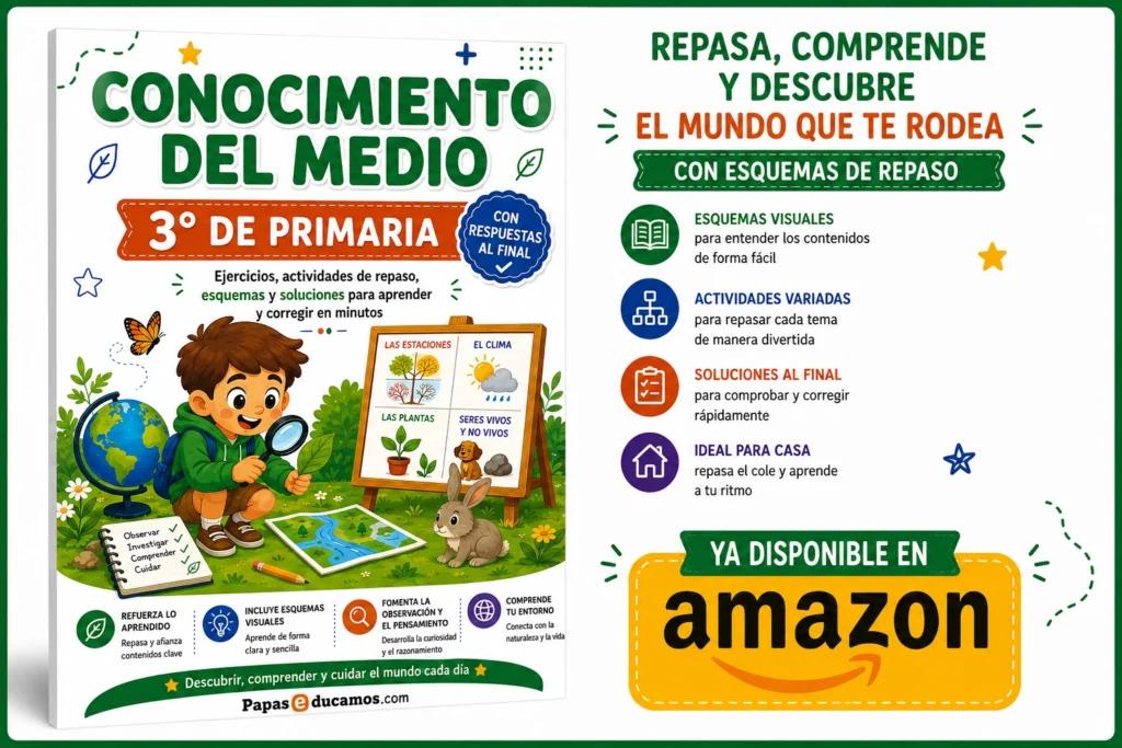 3ºcono img Libro de Conocimiento del Medio de 3º de Primaria con ejercicios de repaso, esquemas visuales y soluciones al final, disponible en Amazon. Incluye las mismas actividades de PapásEducamos.com, organizadas en un único libro para reforzar los contenidos del curso, comprender mejor cada tema y estudiar de forma sencilla en casa.