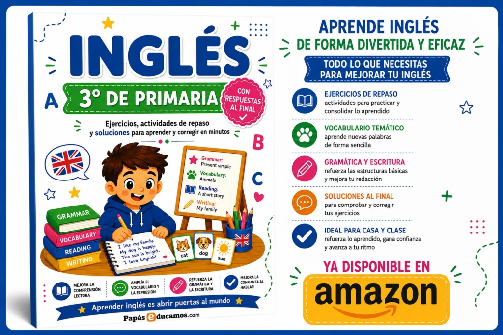 3ºingles img Libro de Inglés de 3º de Primaria con ejercicios de repaso impresos y soluciones al final. Incluye las mismas actividades disponibles en PapásEducamos.com, organizadas en un único libro para practicar vocabulario, gramática, lectura y escritura de forma cómoda en casa. Disponible en Amazon.