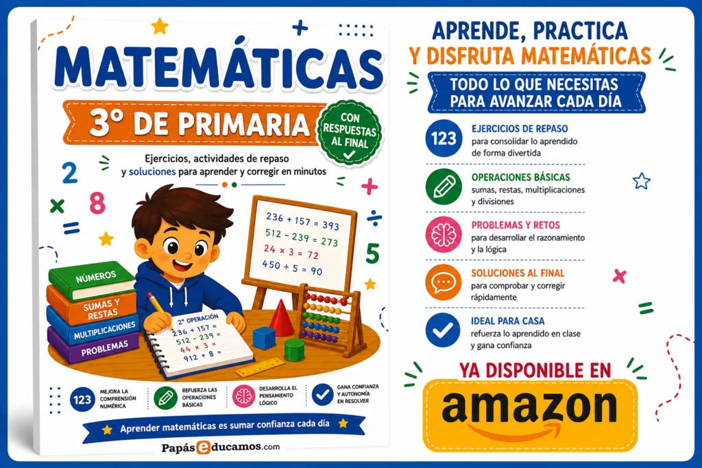 Libro de Matemáticas de 3º de Primaria con ejercicios de repaso impresos y soluciones al final, disponible en Amazon. Incluye las mismas actividades educativas de PapásEducamos.com para practicar cálculo, lógica, razonamiento, sumas, restas, multiplicaciones y problemas en casa.