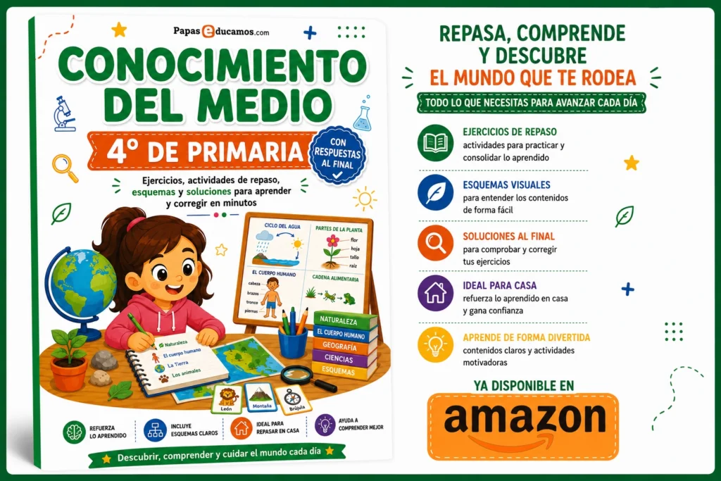 4ºcono img Libro de Conocimiento del Medio de 4º de Primaria con ejercicios de repaso, esquemas visuales y soluciones al final, disponible en Amazon. Incluye las mismas actividades de PapásEducamos.com, organizadas en un único libro para reforzar los contenidos del curso, comprender mejor cada tema y estudiar de forma sencilla en casa.