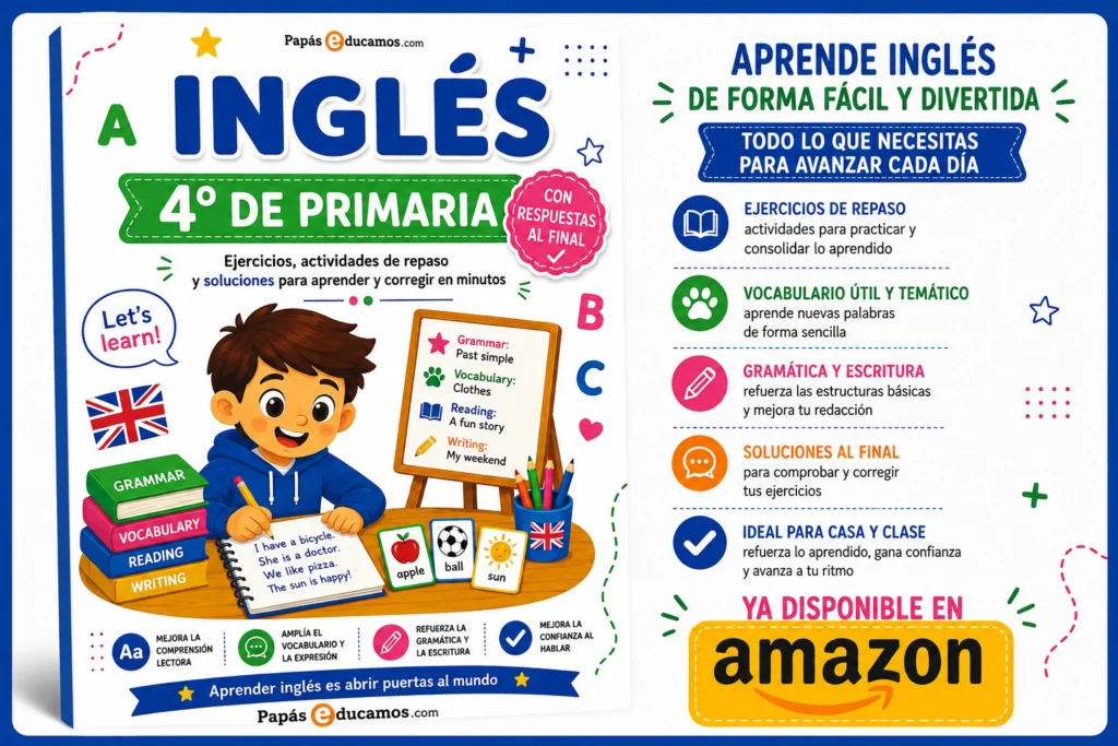 Libro de Inglés de 4º de Primaria con ejercicios de repaso impresos y soluciones al final. Incluye las mismas actividades disponibles en PapásEducamos.com, organizadas en un único libro para practicar vocabulario, gramática, lectura y escritura de forma cómoda en casa. Disponible en Amazon.