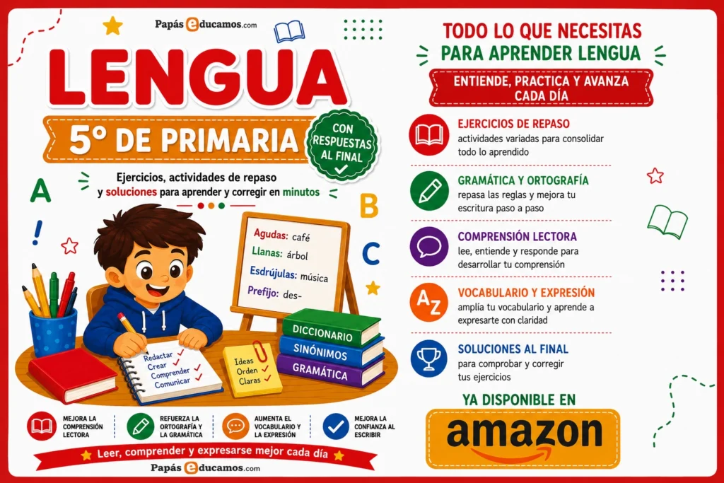 Libro de Lengua 5º de Primaria con ejercicios y soluciones disponible en Amazon