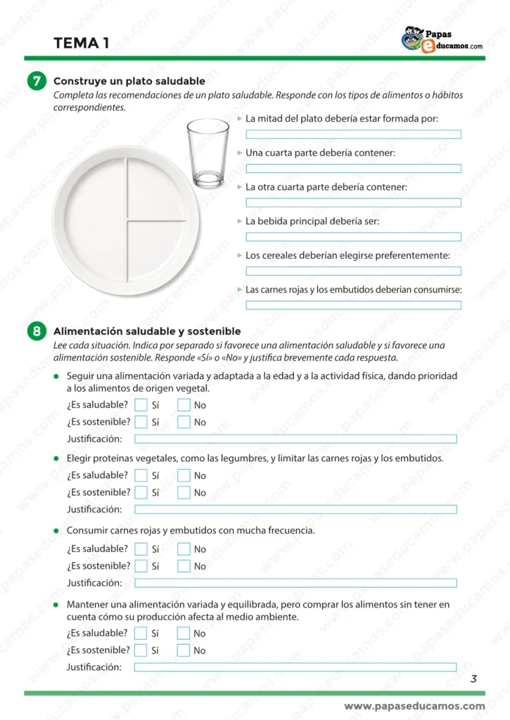 ejercicios_cono_tema_01_6_primaria_03 Fichas de Conocimiento del Medio 6º de Primaria sobre el plato saludable, alimentación saludable y alimentación sostenible.