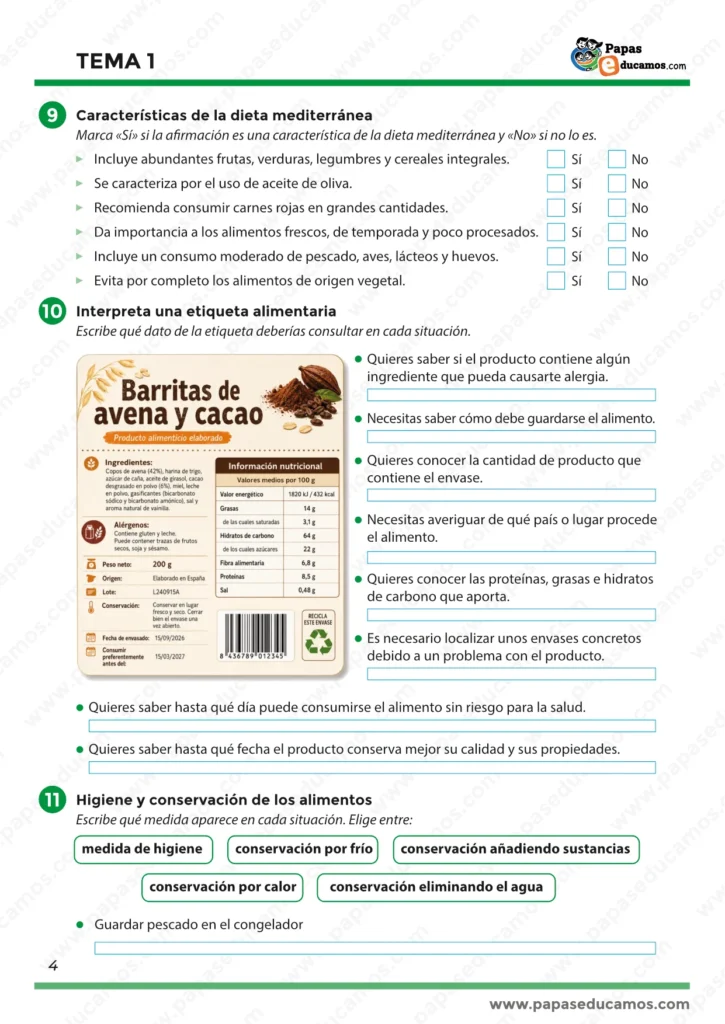 ejercicios_cono_tema_01_6_primaria_04 Ejercicios de Conocimiento del Medio 6º de Primaria sobre dieta mediterránea, etiquetas alimentarias e higiene y conservación de los alimentos.