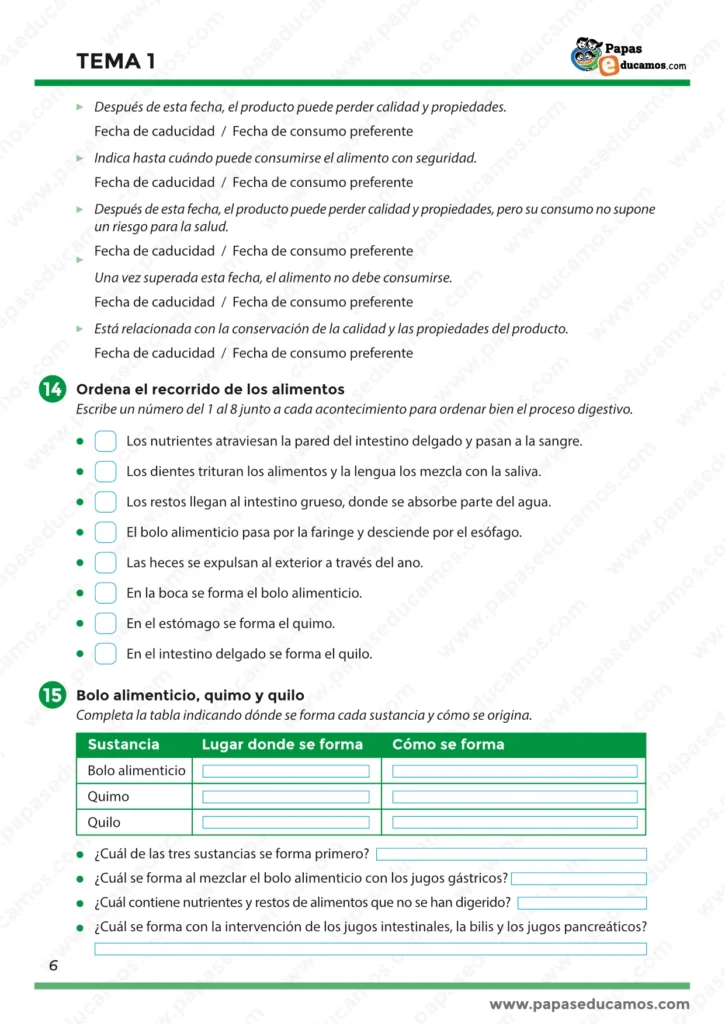 ejercicios_cono_tema_01_6_primaria_06 Ejercicios de Conocimiento del Medio 6º de Primaria sobre el proceso digestivo, recorrido de los alimentos, bolo alimenticio, quimo y quilo.