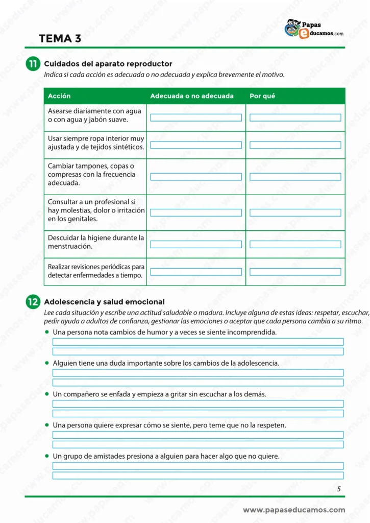 ejercicios_cono_tema_03_6_primaria_05 Ejercicios sobre los cuidados del aparato reproductor y la salud emocional durante la adolescencia para 6º de Primaria.