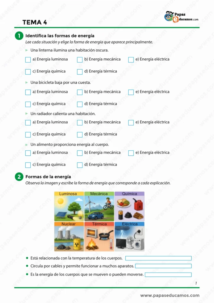 ejercicios_cono_tema_04_6_primaria_01 Ejercicios sobre las formas de la energía para 6.º de Primaria con actividades para identificar la energía luminosa, mecánica, térmica, química, eléctrica y nuclear.
